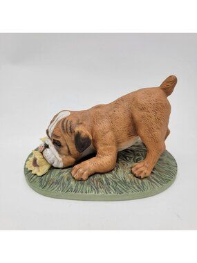 1985 Masterpiece Porcelain By Homco English Bulldog With Sunflowers Figurine